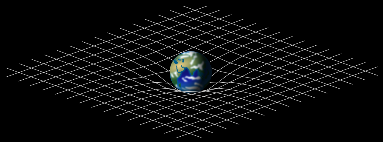 物質が存在すると、周囲の空間が"歪む"ことにより重力が生じる。([Wikimedia commons](https://commons.wikimedia.org/wiki/File:Spacetime_lattice_analogy.svg))