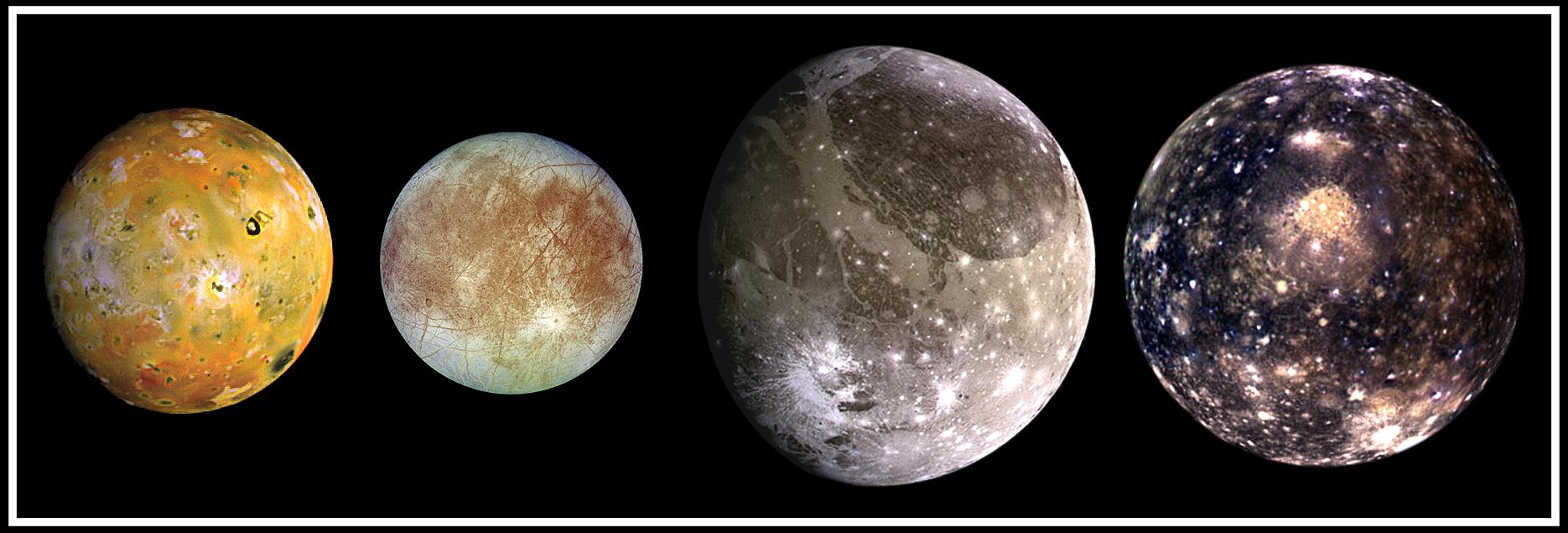 <span style='font-size:16px;position:relative;top:-50px'>木星の4大衛星(ガリレオ衛星: Io, Europa, Ganymede, and Callisto)のイメージ ([Image Credit:NASA/JPL/DLR]('https://photojournal.jpl.nasa.gov/catalog/PIA01299'))</span>