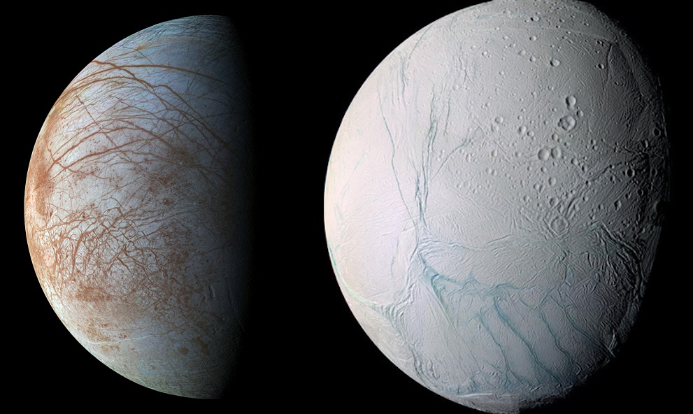 <span style='font-size:16px;position:relative;top:-50px'>木星の衛星のエウロパ(Europa; Galileo 衛星による撮影)と土星の衛星エンセラダス(Enceladus; Cassini 衛星による撮影) -- (Image Credit: NASA/ESA/JPL-Caltech/SETI Institute)</span>